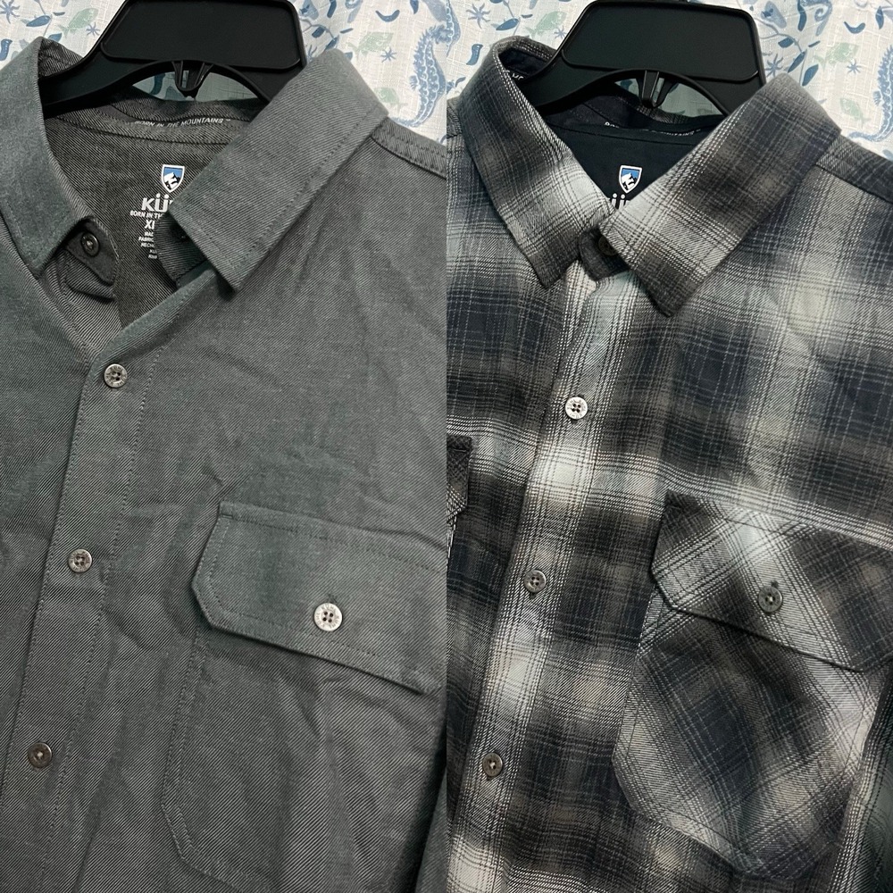 2 Kuhl Dillinger Flannel Shirt Mens XL Plaid Plain Long Sleeve Outdoor Hiking